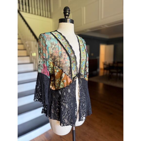 Vintage Shabby Chic Kimono Top Jacket Edwardian Patchwork Silk Gypsy Artsy Lace - Picture 3 of 10